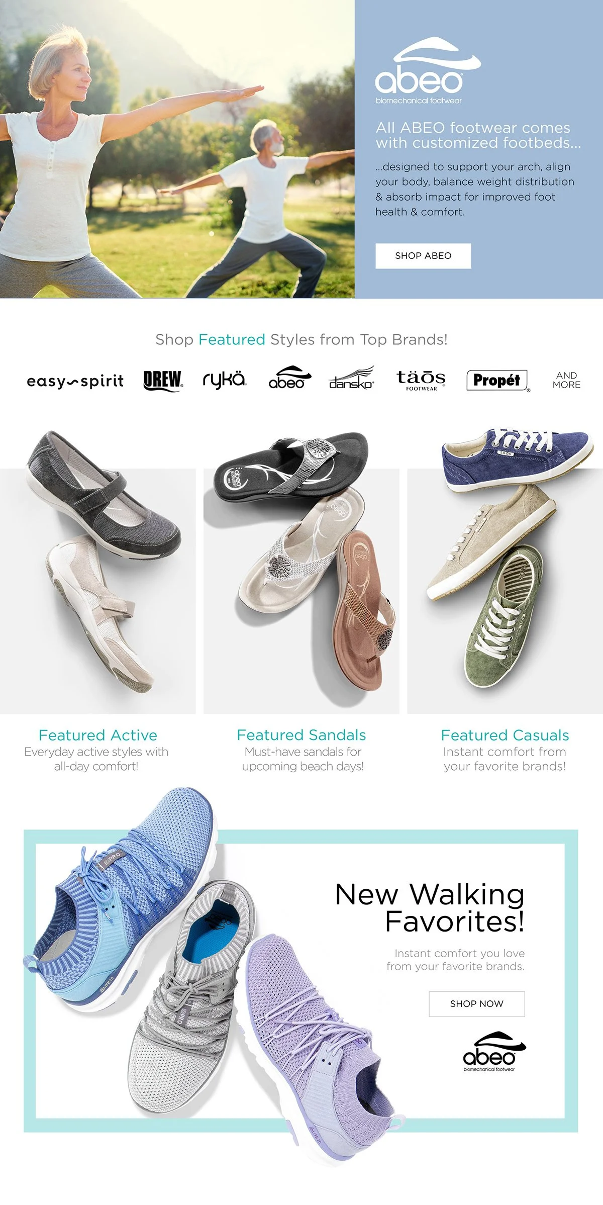 An advertisement featuring women practicing yoga outdoors, promoting ABEO biomechanical footwear and showcasing various styles of shoes including active, sandals, casual, and new athletic shoes.