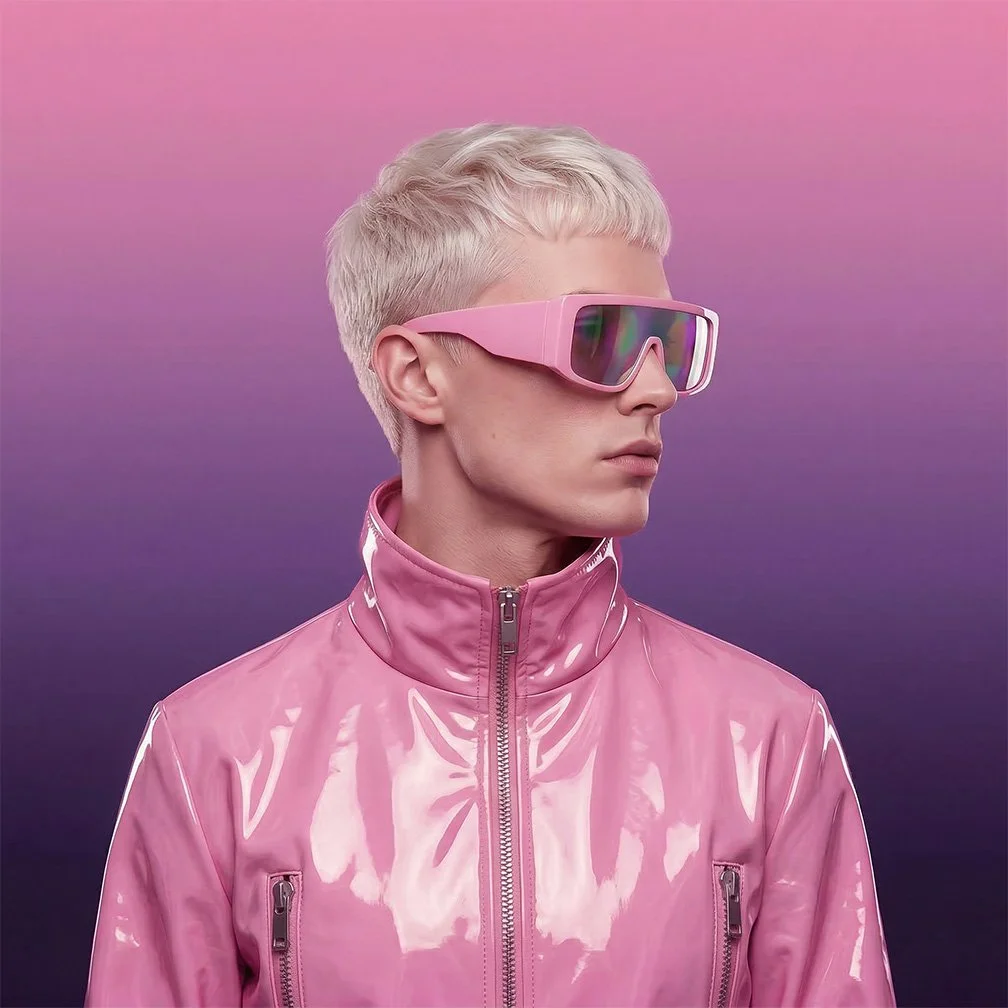 A young person with platinum blonde hair wearing pink reflective sunglasses and a shiny pink jacket against a gradient pink and purple background.