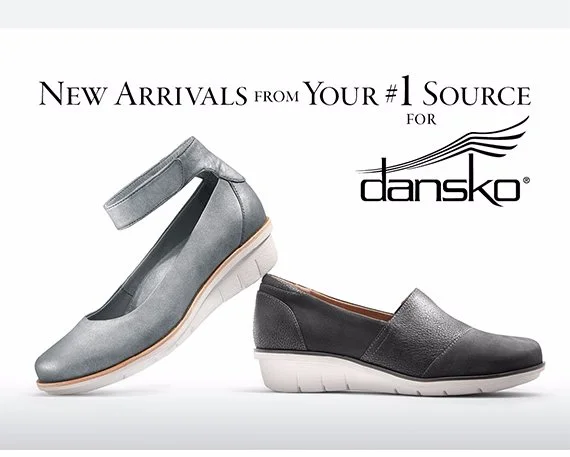 Two pairs of women's Dansko casual shoes, one gray with ankle strap and one black with slip-on design, displayed on a white background.
