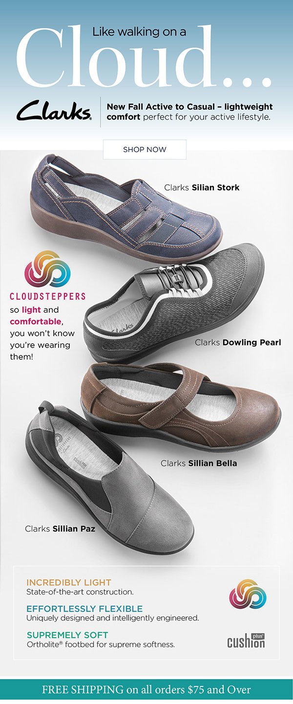 Advertisement showcasing Clarks casual shoes with cloud-inspired design, featuring four different styles: Silian Stork, Dowling Pearl, Sillian Bella, and Sillian Paz, highlighting comfort, lightweight construction, and softness.
