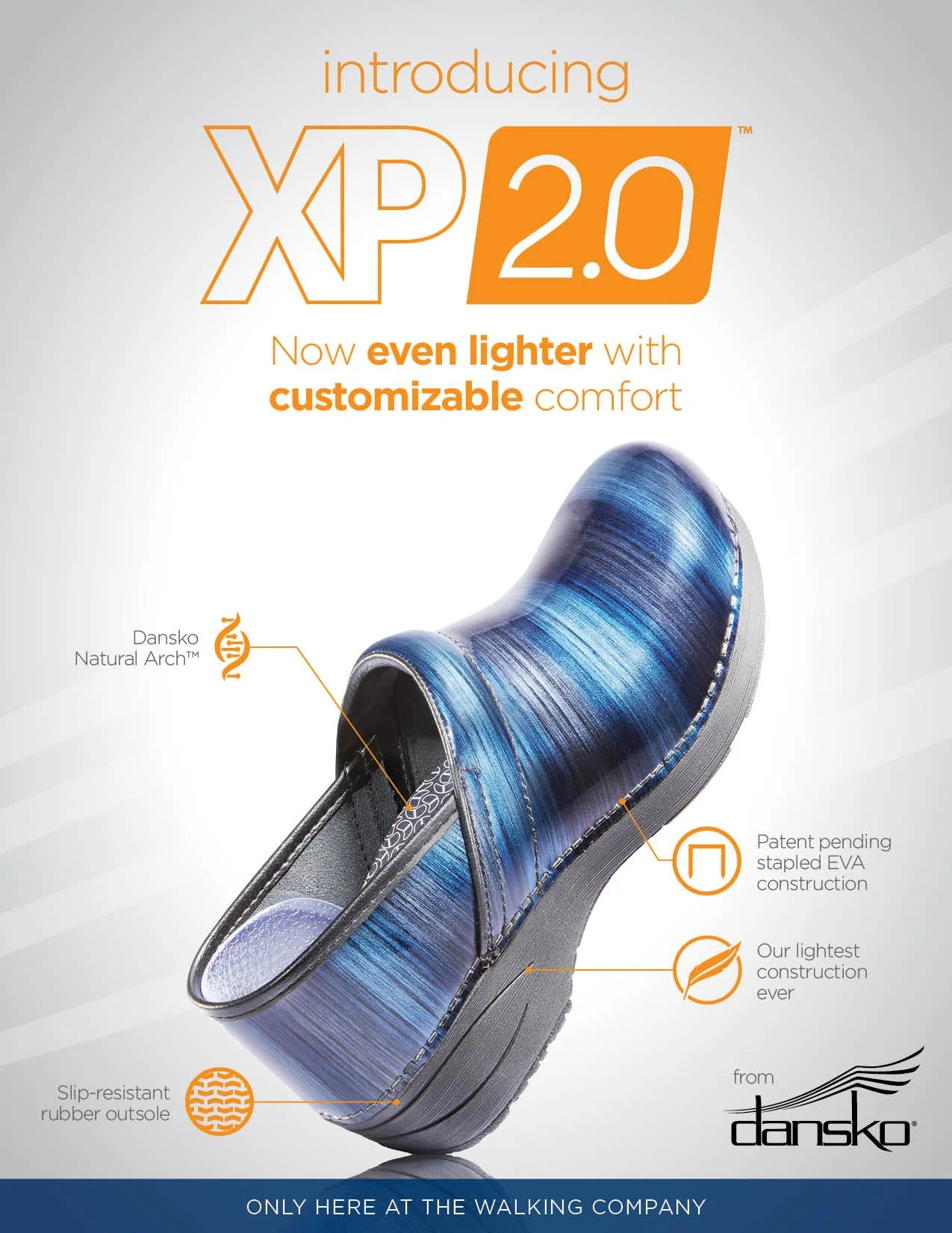 Advertisement for XP 2.0 shoe highlighting lighter weight, customizability, Dansko Natural Arch, patent pending stapled EVA construction, slip-resistant rubber outsole, and logo of Dansko.
