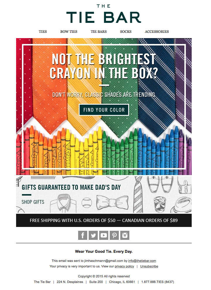 Colorful display of neckties, bow ties, tie bars, socks, and accessories from The Tie Bar, featuring a promotion for classic shades and gift ideas for Father's Day.