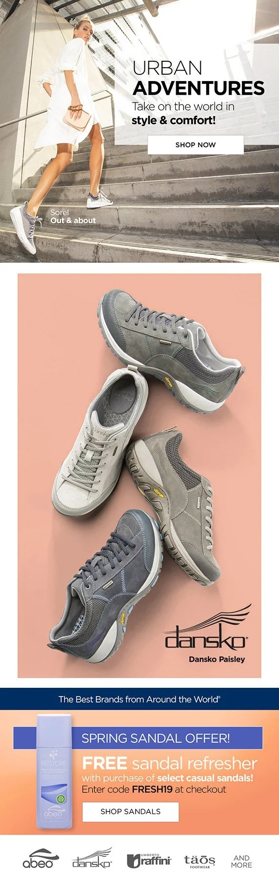 Advertisement for Dansko shoes, featuring four pairs of gray and beige outdoor shoes on a pink background, with branding and a spring sandal offer about a free sandal refresher with casual sandal purchase. The top part shows a woman in urban style wh