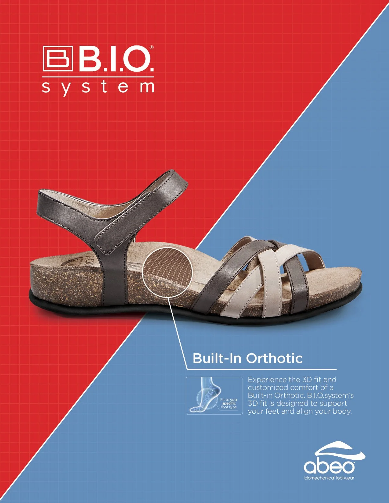 A sandal with a built-in orthotic insole, featuring straps in black and beige, on a red and blue background with text about the orthotic system and a logo at the bottom.