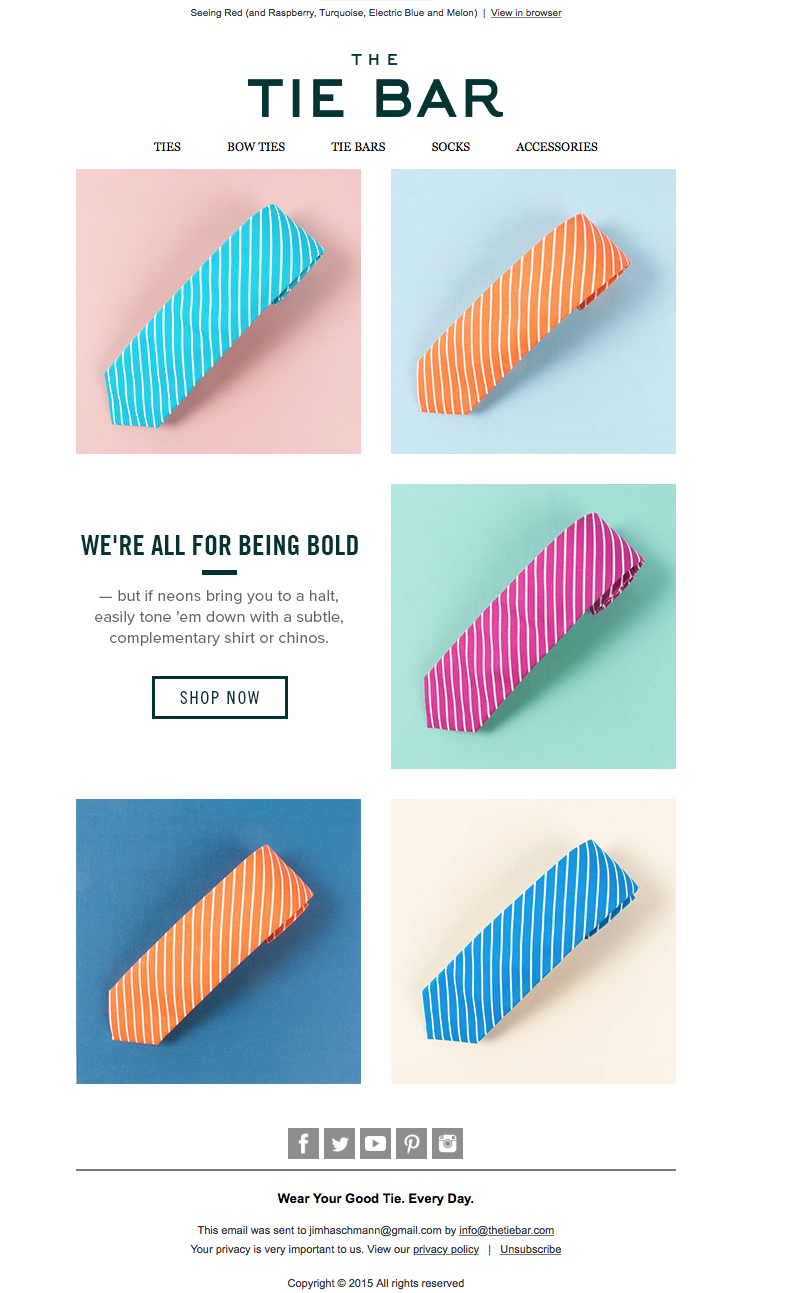 Colorful striped ties in blue, orange, pink, and blue arranged in a grid on the TIE BAR website.