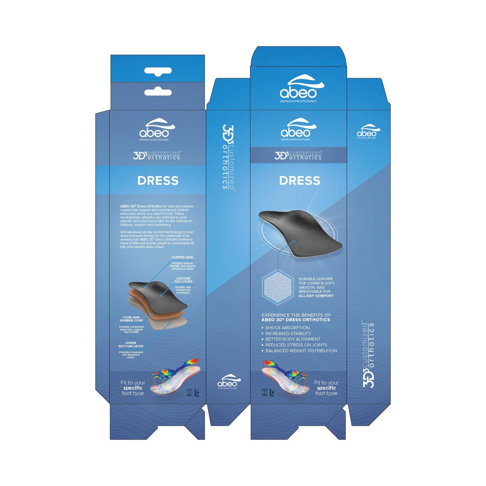 Packaging design for Abeo 3D customizable orthotics, featuring blue box with product information, an illustration of an orthotic insole, and bullet points highlighting benefits like shock absorption, stability, and comfort.