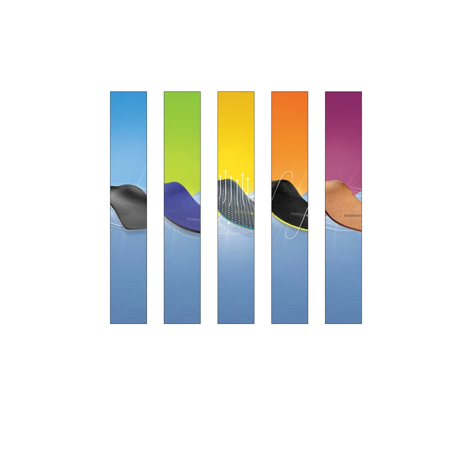 Collection of five colorful shoe insoles arranged in a row, each in a different color: black, purple, yellow, orange, and brown, against a blue background.