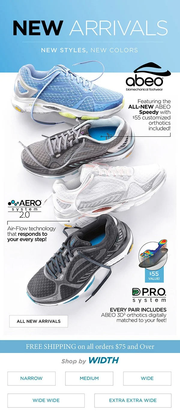 Advertisement for new athletic shoes featuring sleek designs in gray, blue, and black, highlighting biotechnical features and custom orthotics.