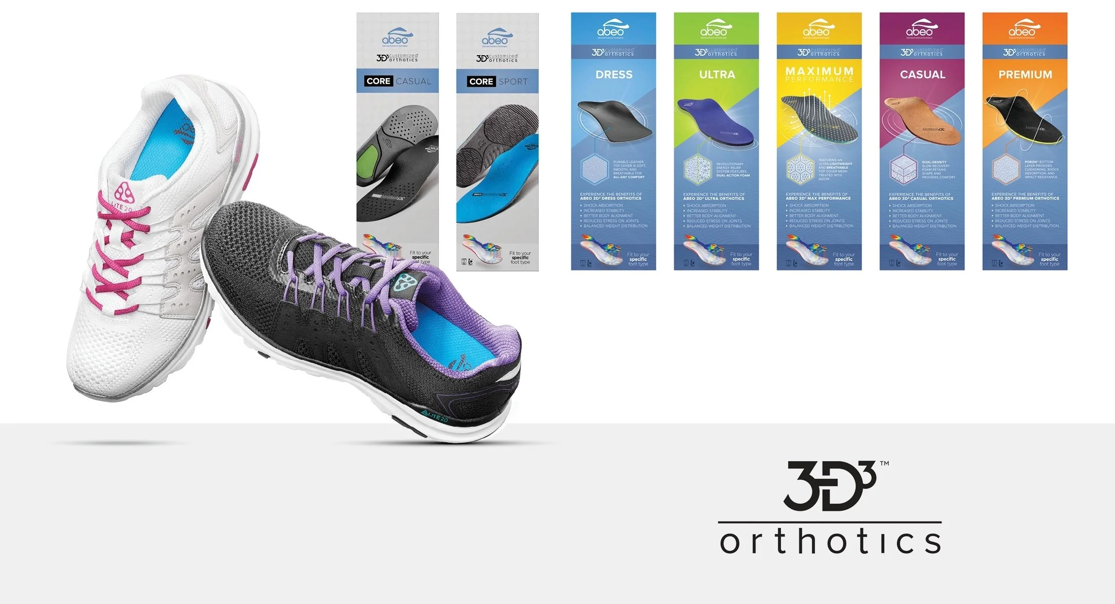 A white athletic shoe with pink laces and a black athletic shoe with purple laces, both with blue insoles, are displayed against a plain background. Above the shoes, there are six boxes of orthotic insoles with different designs and labels, including