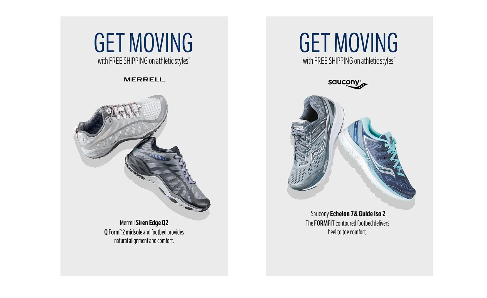 Advertisement for athletic shoes with two pairs of running shoes, one from Merrell and one from Saucony, against a white background.