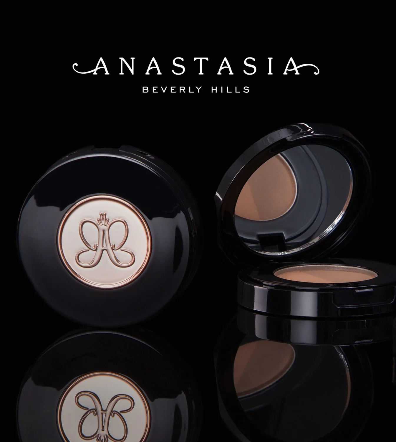 Container of Anastasia Beverly Hills eyebrow powder with open lid showing the product inside.