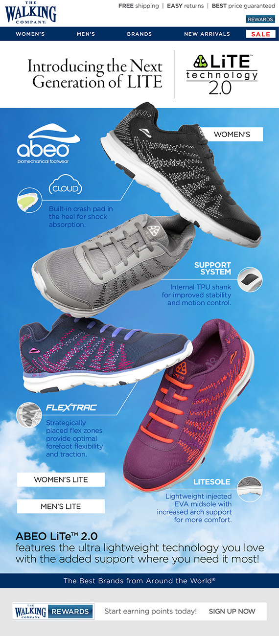 A promotional flyer for ABEO LiTE™ 2.0 lightweight athletic shoes, showcasing three different shoes with features such as cloud shock absorption, support system, Flextrac flex zones, and lightweight injected EVA midsole, from The Walking Company.