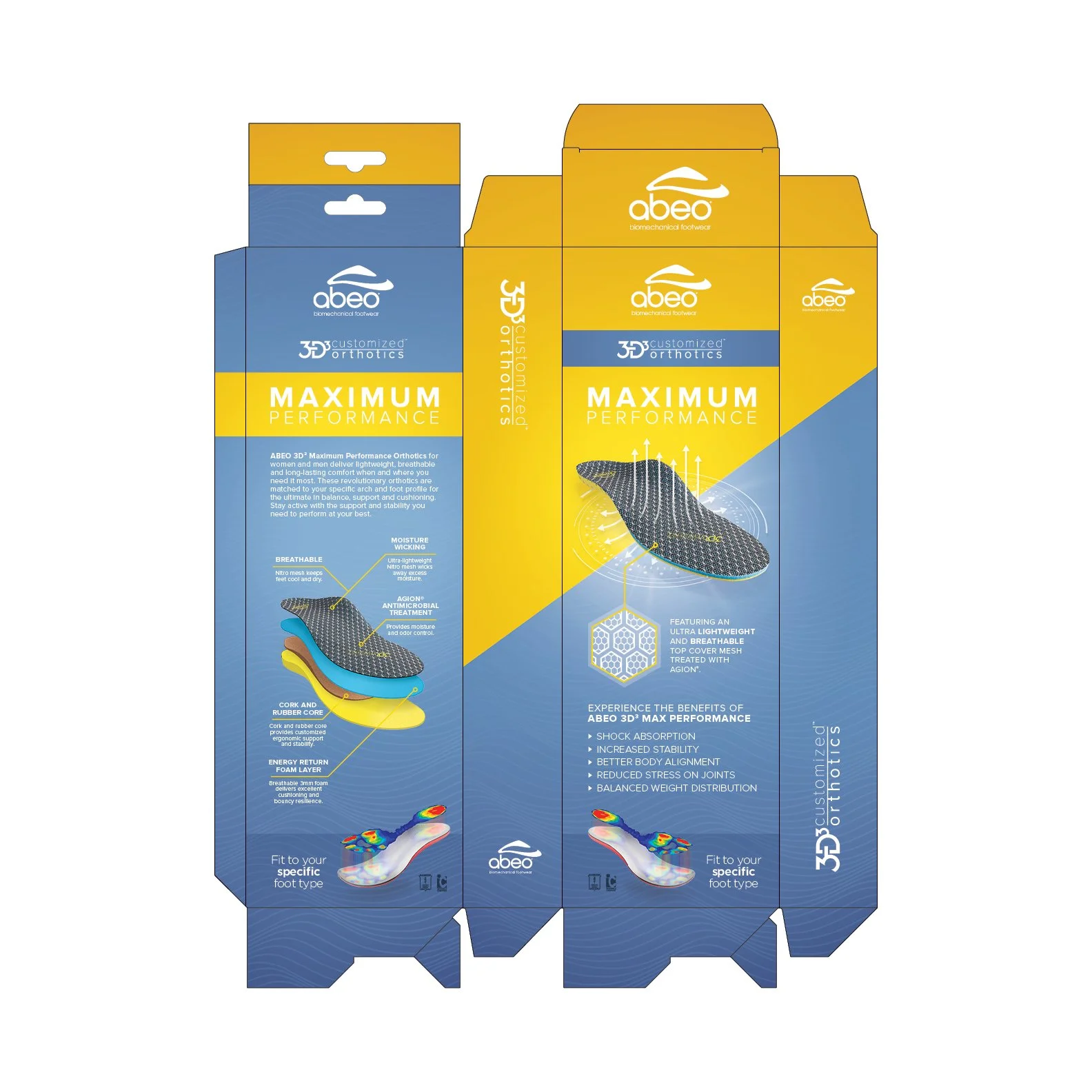 Packaging box design for ABEO maximum performance orthotics, featuring a blue and yellow color scheme, product features, and an illustration of the orthotic insole with heat map analysis.