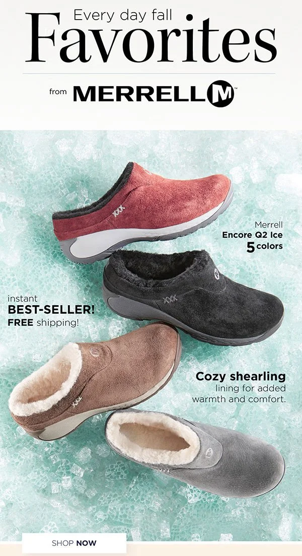 Advertisement for Merrell winter shoes, featuring four different styles in various colors on ginger-ice textured background, with text promoting their features and free shipping.