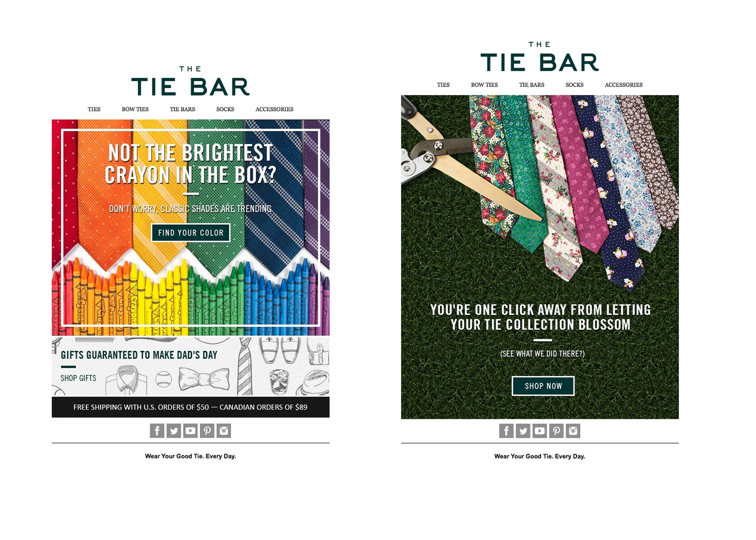 Side-by-side images of a colorful crayon display with rainbow shades and a collection of fabric ties in various patterns, with text promoting tie and accessory products.