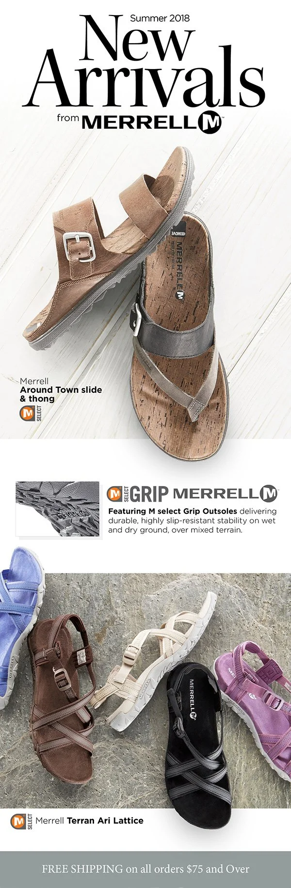 An advertisement for Merrell shoes, showcasing new summer 2018 arrivals including the Around Town slide and thong sandals, emphasizing grip outsoles for stability on wet and dry terrain, with a display of various sandal styles in different colors.