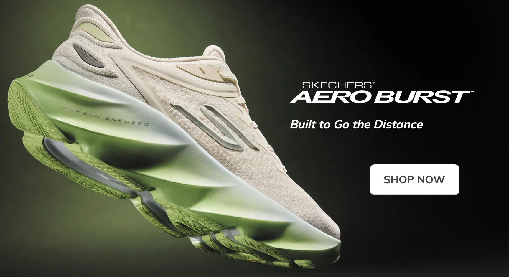 Running shoe with a beige upper and a bright green sole, displayed on a black background, with promotional text and a 'Shop Now' button.