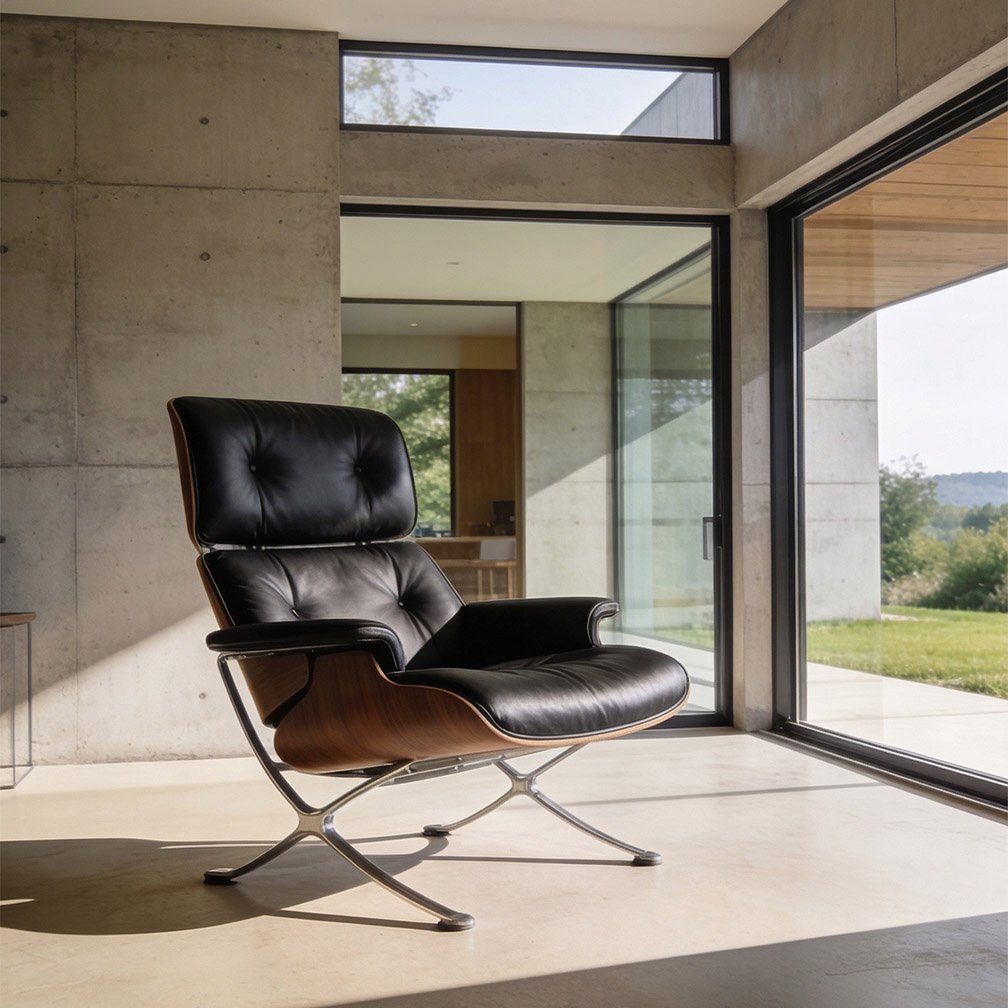 Modern interior with a black leather lounge chair near a large glass sliding door and window, overlooking a green outdoor landscape.