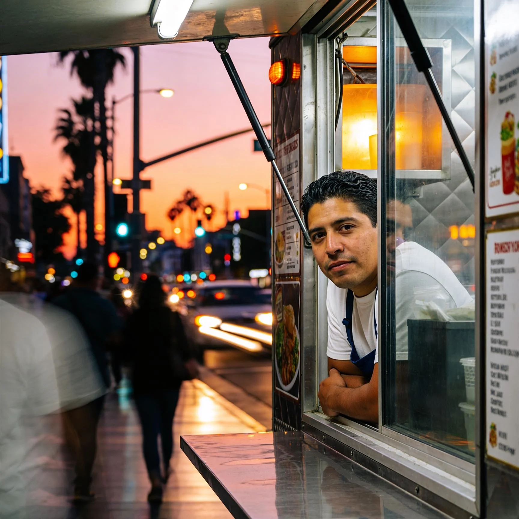A man working at a food truck during sunset, with blurred pedestrians and cars in the background.