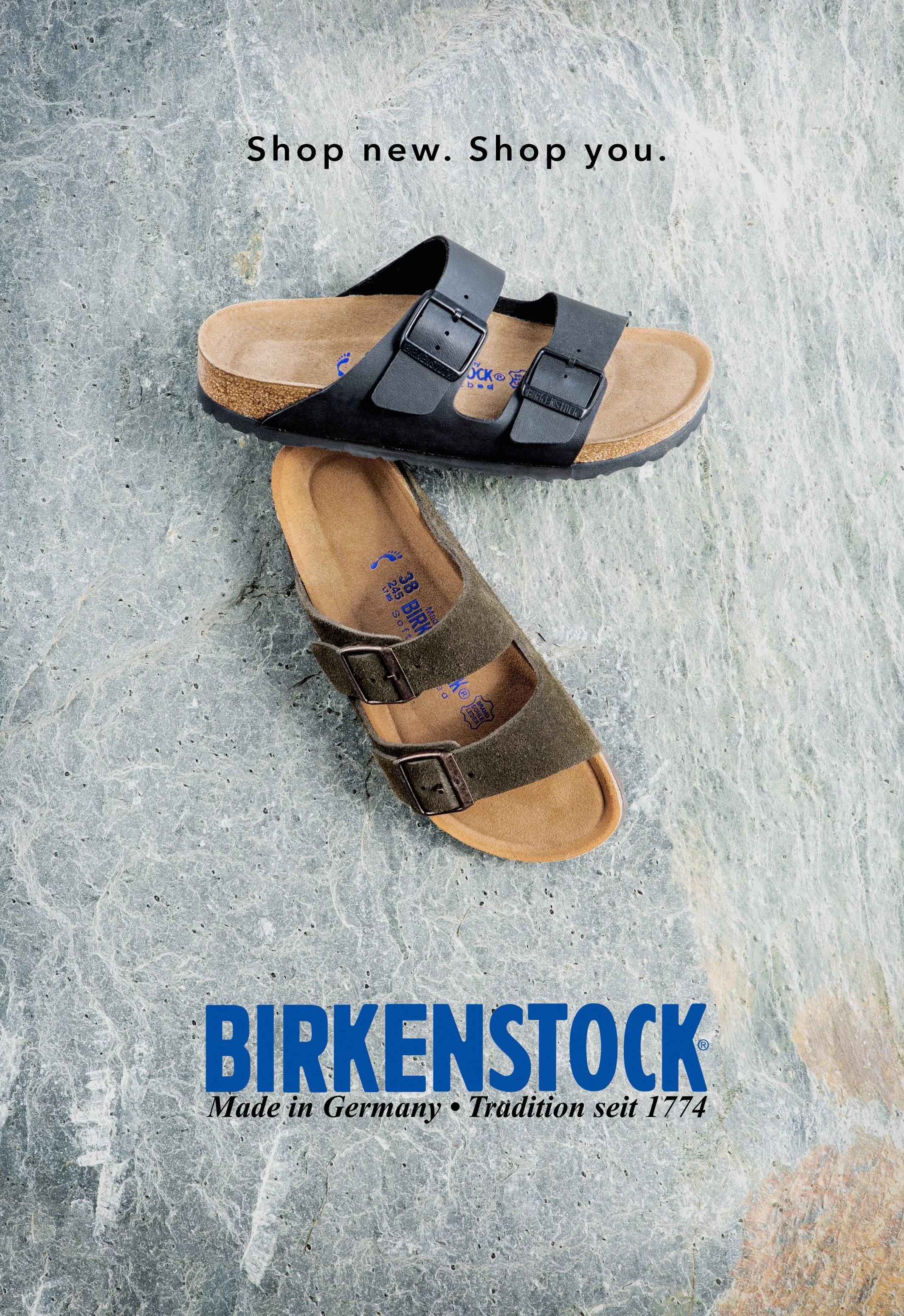 Two pairs of Birkenstock sandals, one black and one greenish-brown, placed on a stone surface. The black pair is positioned at the top and the greenish-brown pair at the bottom. The retails message says, "Shop new. Shop you." and the Birkenstock logo