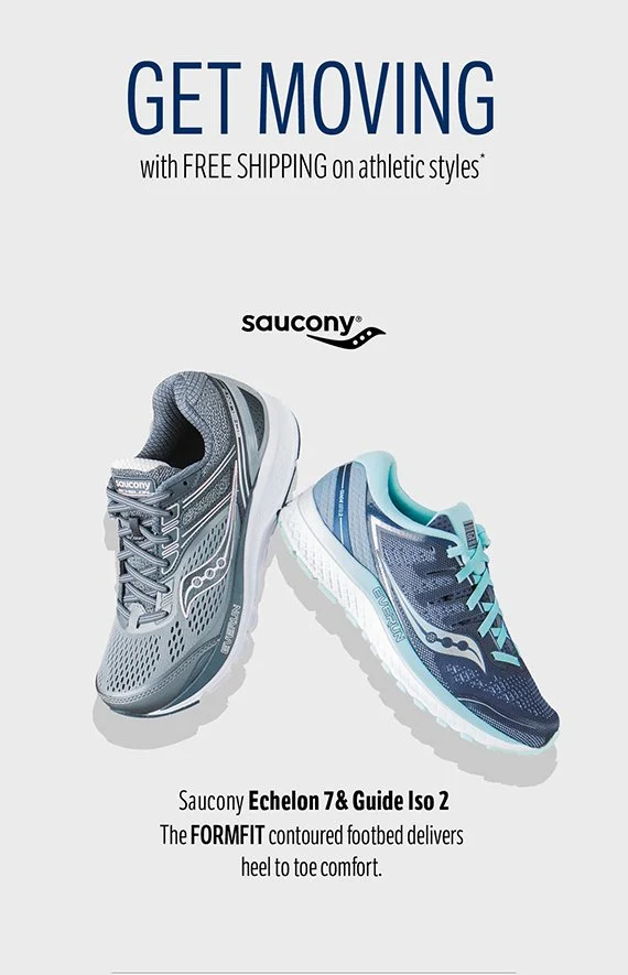 Advertisement for Saucony athletic shoes featuring Echelon 7 and Guide Iso 2 models with free shipping. The shoes are shown side by side, one in gray and the other in blue.