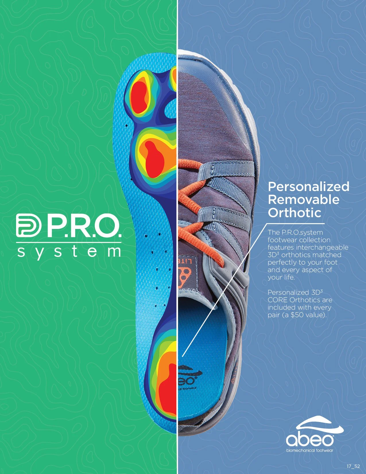 Split image of a shoe sole with colorful heat map pattern on the left and a gray athletic shoe on the right, advertising personalized removable orthotic insoles from P.R.O. system by abeo.