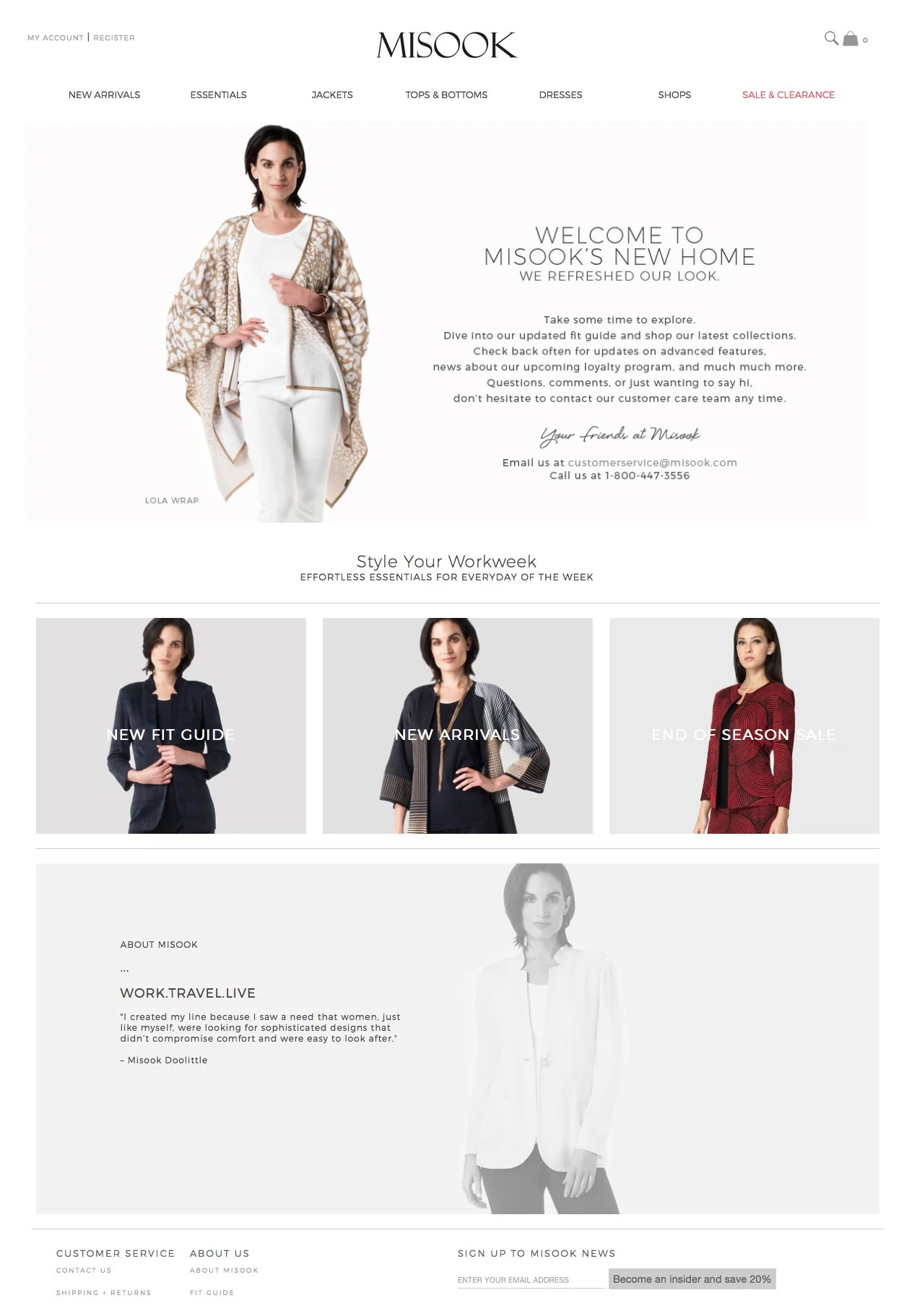 Screenshot of the MISOOK fashion e-commerce website homepage featuring navigation menu, a woman modeling a beige and white wrap, promotional text, and sections highlighting new arrivals, fit guide, end of season sale, and about the brand.