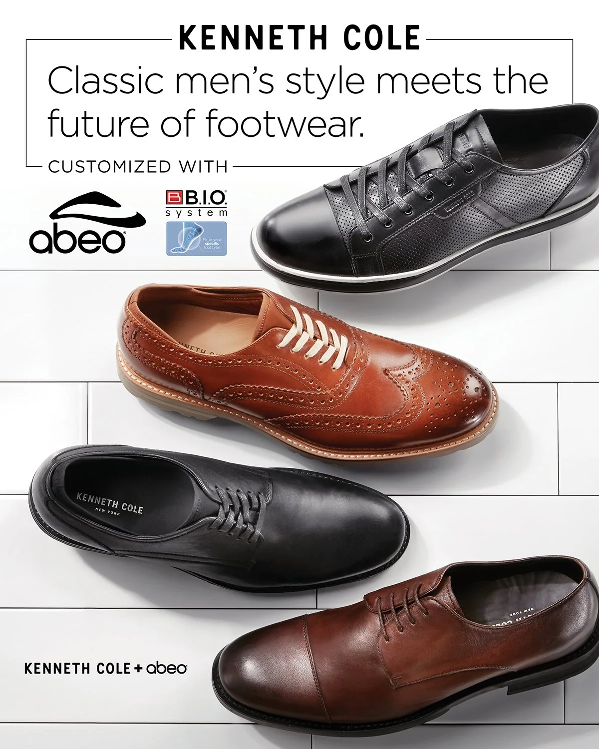 Advertisement for Kenneth Cole shoes showcasing four different men's dress shoes in black, brown, and tan on a white tiled background. Includes text about the combination of classic style and future of footwear, and mentions customization with abeo a