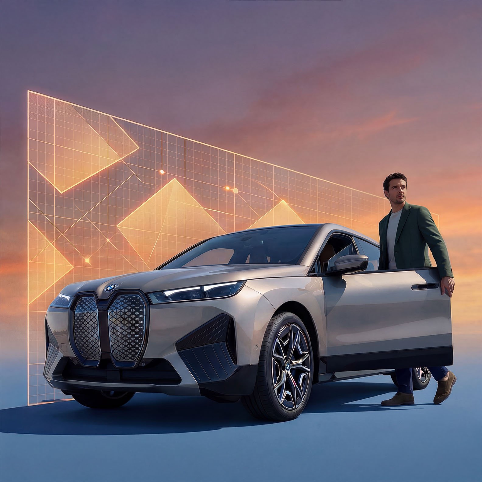 A man in a green jacket and white shirt standing beside a silver BMW electric car with a skyline and glowing grid in the background at sunset.
