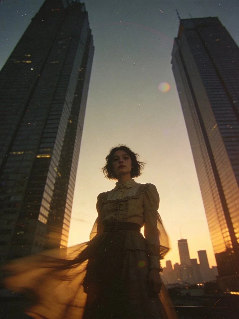 A young woman with brown hair stands in front of tall skyscrapers during sunset in an urban cityscape.