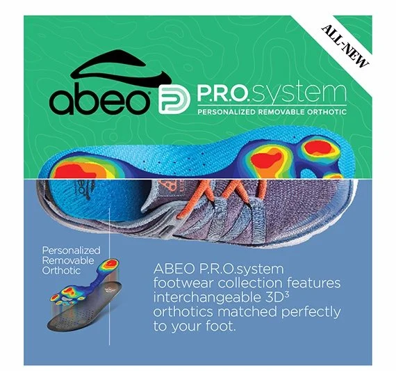 Packaging for ABEO P.R.O. system personalized removable orthotic footwear featuring an athletic shoe and a diagram of the orthotic's customizable insoles with heat map visualization.