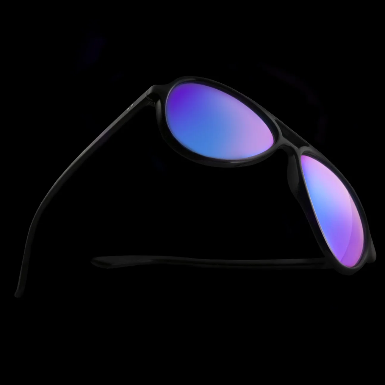 Black sunglasses with iridescent lenses against a black background.