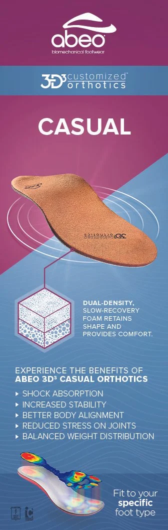 Packaging for Abeo 3D Casual Orthotics with a view of a shoe liner, highlighting dual-density foam, shock absorption, stability, and fit for specific foot types.