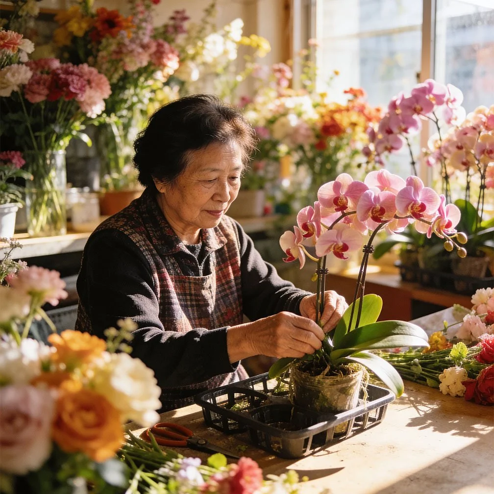 An elderly woman tending to pink orchids in a bright flower shop filled with various colorful flowers.