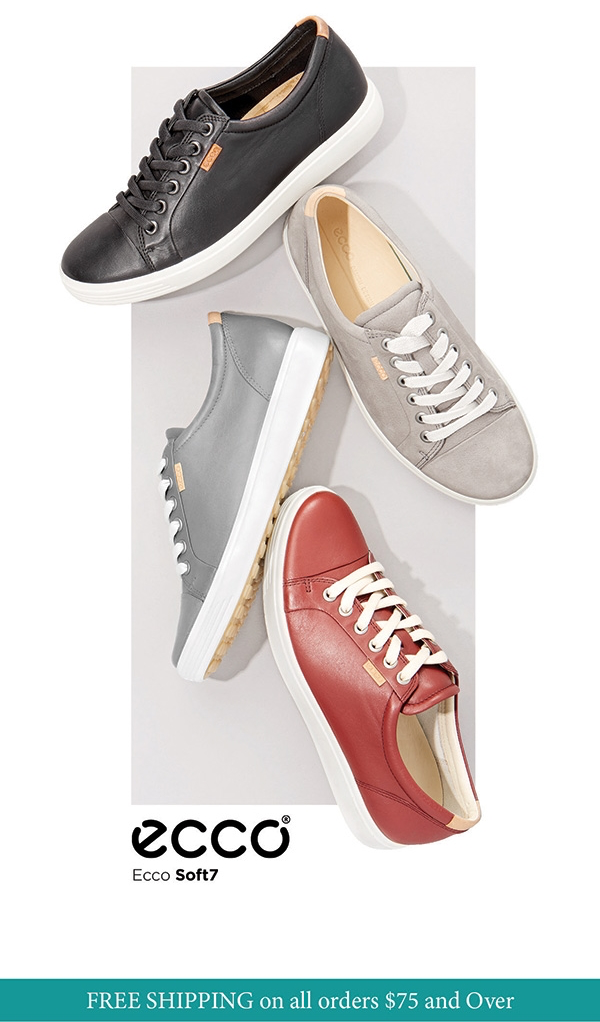 Four pairs of ECCO Soft7 sneakers in black, gray, light gray, and red, arranged on a light surface for display.