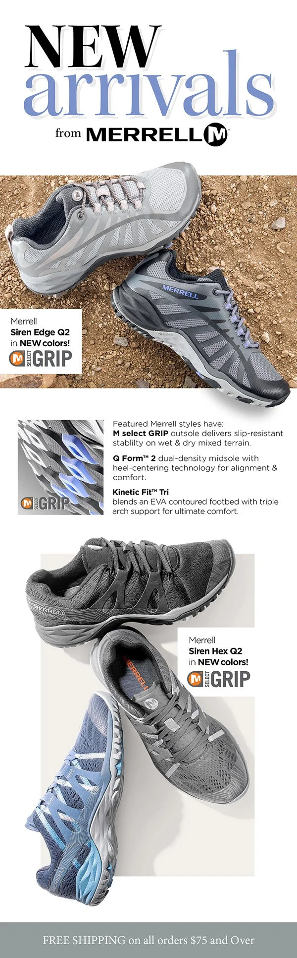 Advertisement for Merrell new athletic shoes, including Siren Edge Q2 and Siren Hex Q2, featuring images of the shoes on dirt and a white background, with product descriptions and free shipping offer.