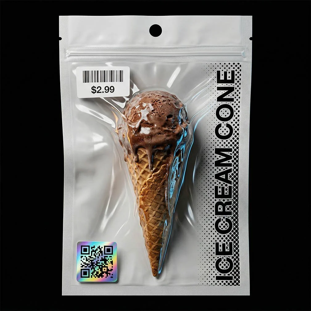 Packaging of a chocolate ice cream cone with a QR code and a price tag of $2.99, labeled 'Ice Cream Cone'.