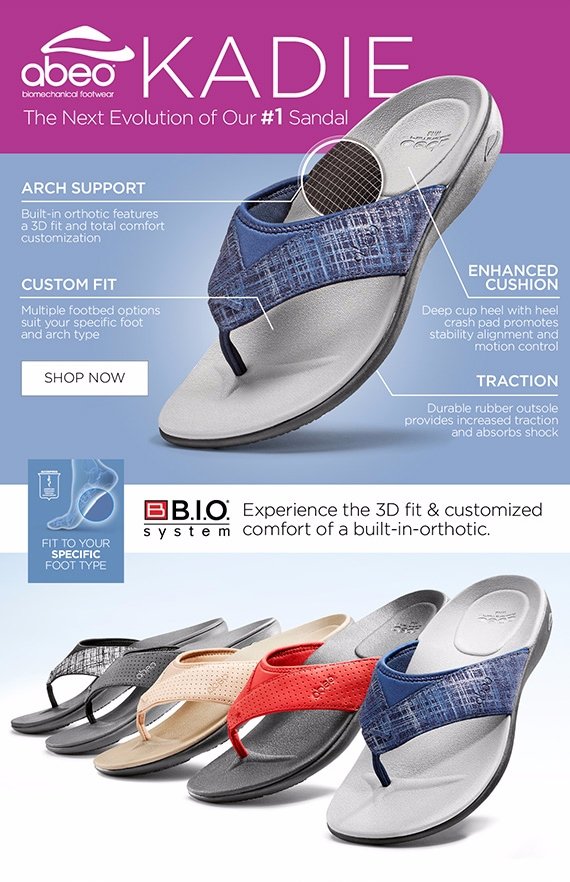 Advertisement for ABEA KADIE orthopedic sandals highlighting features like arch support, custom fit, enhanced cushion, and traction with multiple color options displayed.