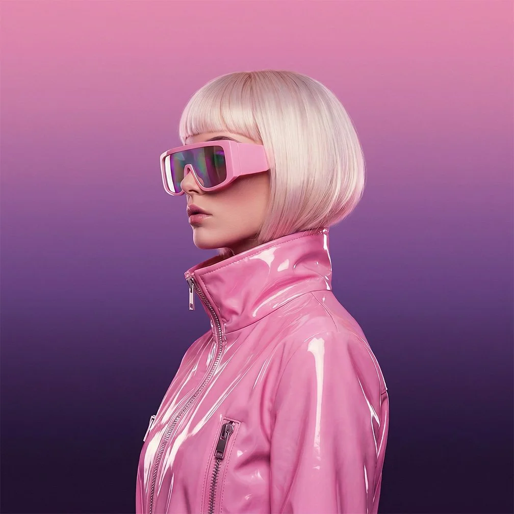 A woman with platinum blonde bob haircut wearing pink futuristic sunglasses and a shiny pink jacket against a purple and pink gradient background.