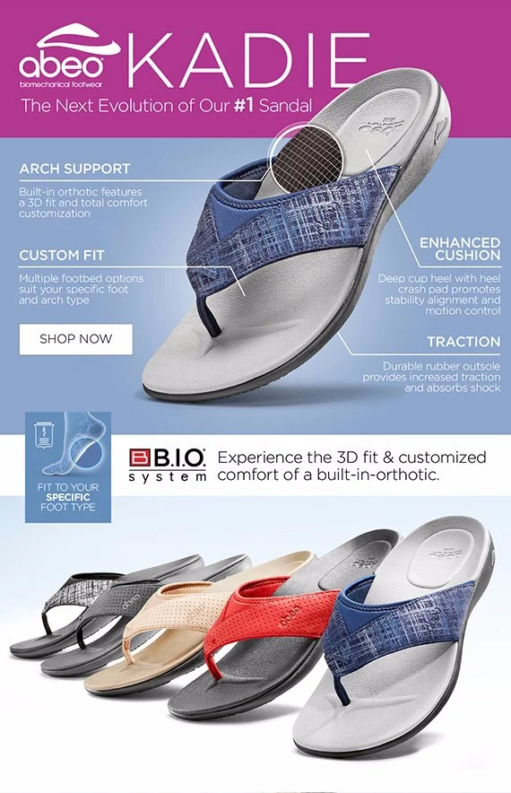 Advertisement for Abeo KADIE biomechanical sandals showcasing features like arch support, custom fit, enhanced cushion, and traction options, with multiple color choices.