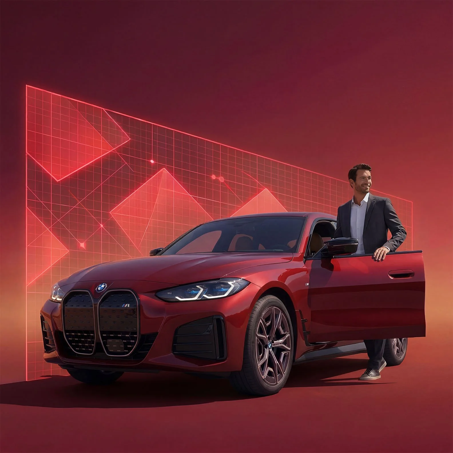 A man in a suit standing next to a red BMW car with the driver's door open, against a background of a digital graph with red and orange tones.