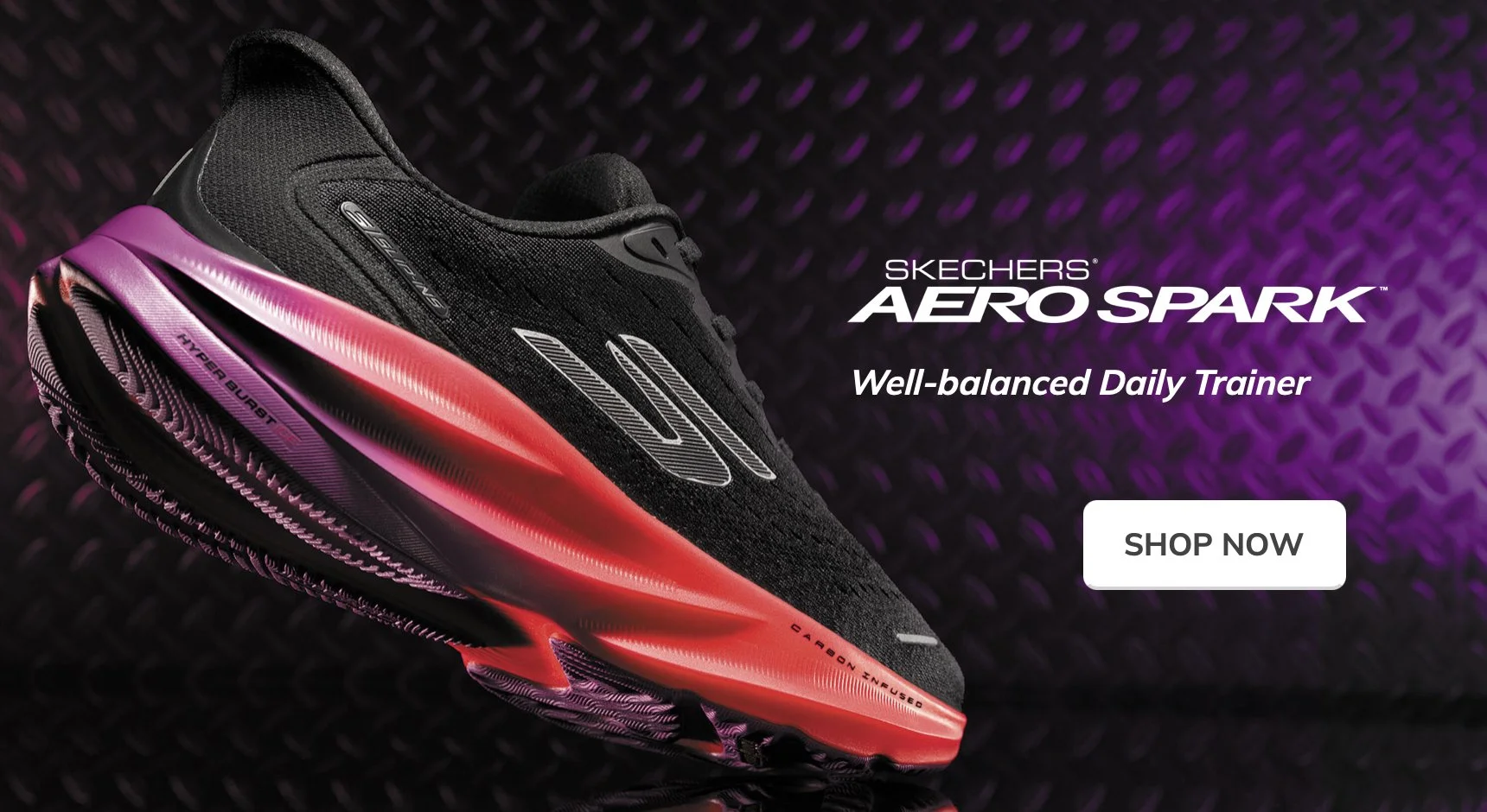 Black running shoe with pink and purple accents, displayed against a purple textured background, with promotional text for the shoe and a 'Shop Now' button.