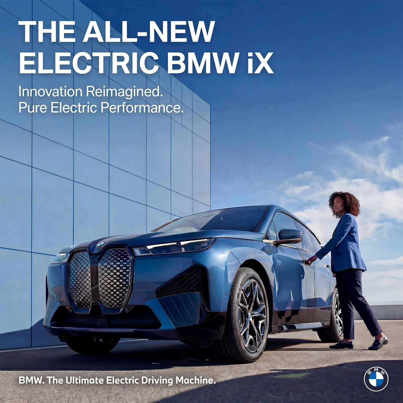 A woman in a blue blazer and black pants opening the door of a blue BMW iX electric vehicle, parked outdoors in front of a modern glass building under a blue sky.