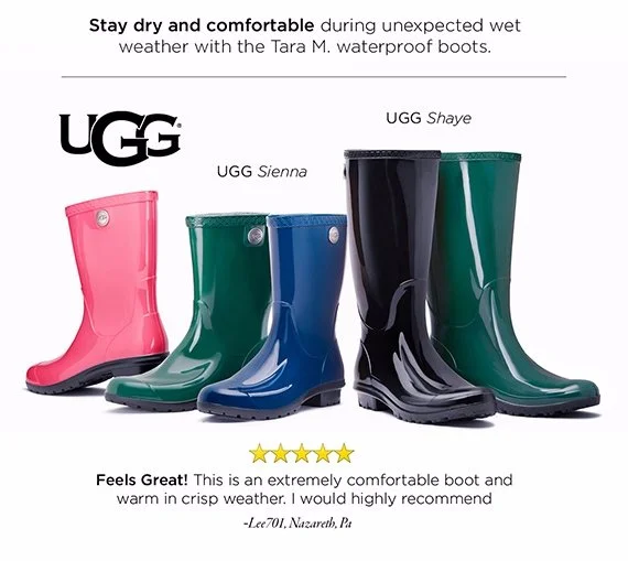 Display of four UGG waterproof boots in pink, green, blue, and black, with some branding and a five-star rating.