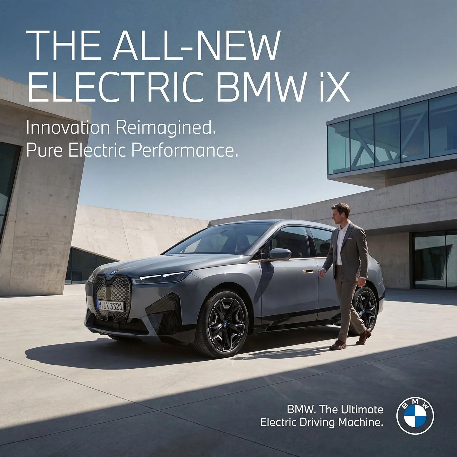 A man in a gray suit walking past a sleek, gray electric BMW iX parked outside a modern building with concrete walls and large glass windows.