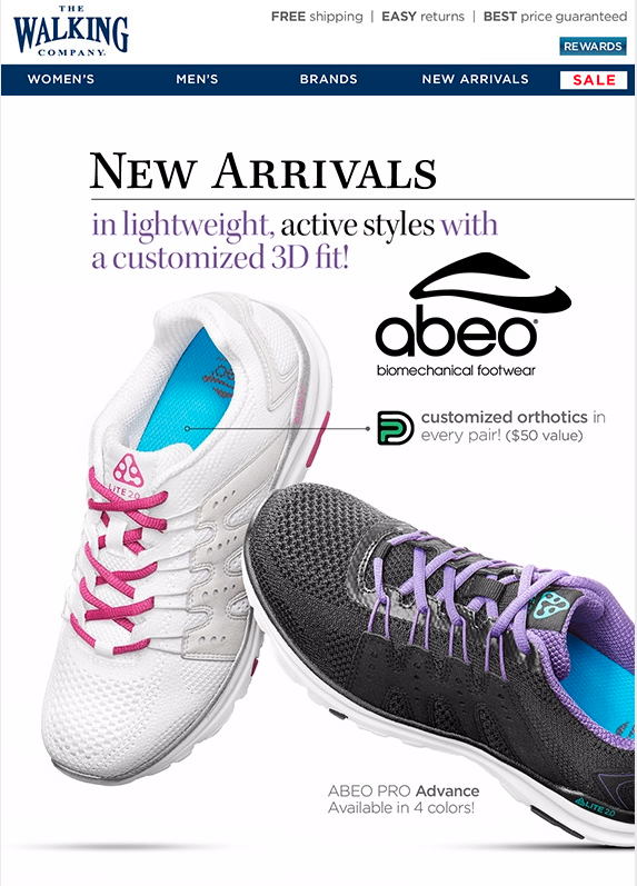 Advertisement for new athletic shoes from The Walking Company. Features two pairs of lightweight, active style shoes with customized 3D fit, one in white with pink laces and the other in black with purple laces. Promotes orthopedic orthotics valued a