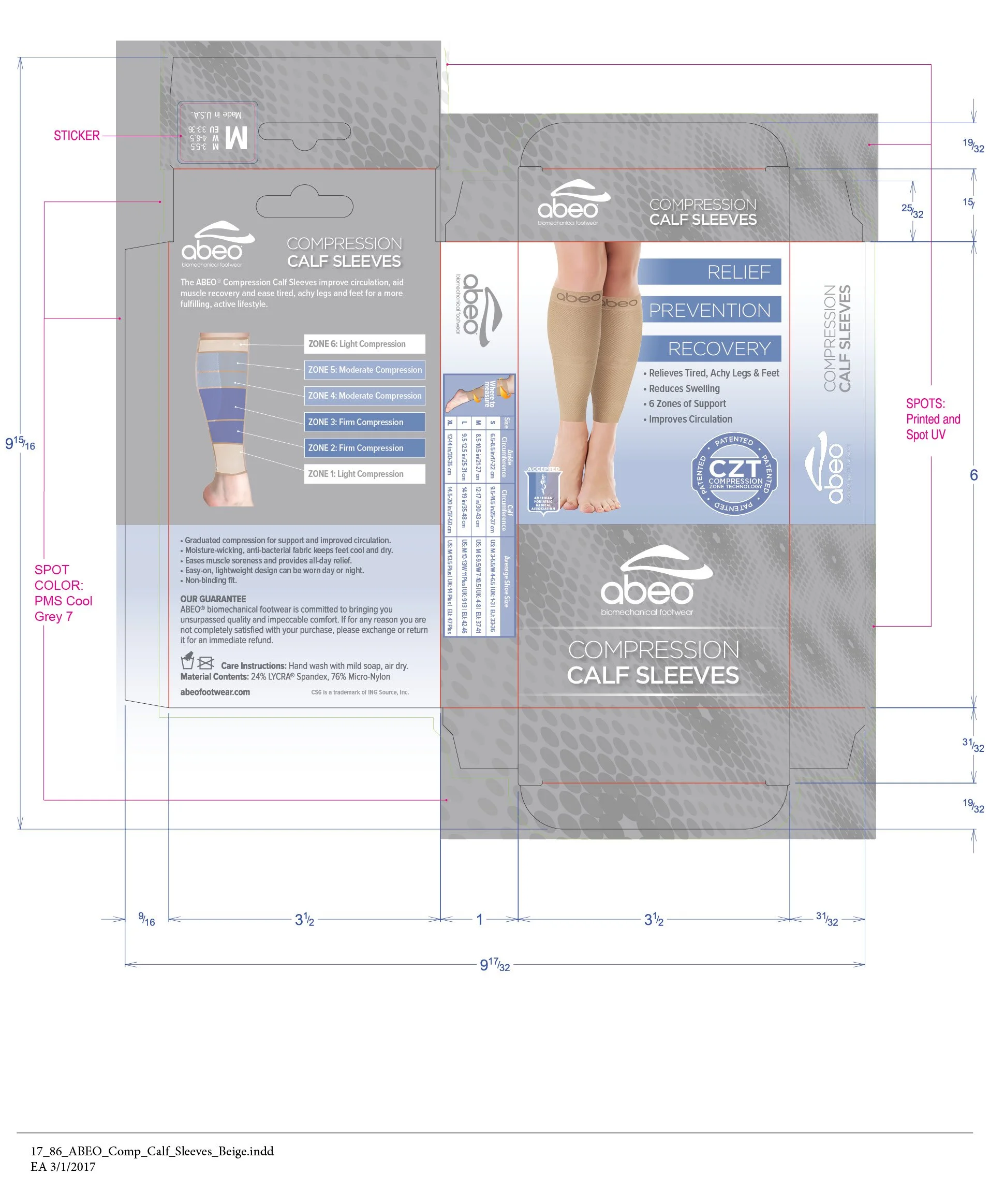 Design template for Abeo compression calf sleeves, showing measurements, product details, benefits such as relief, prevention, recovery, and material information.