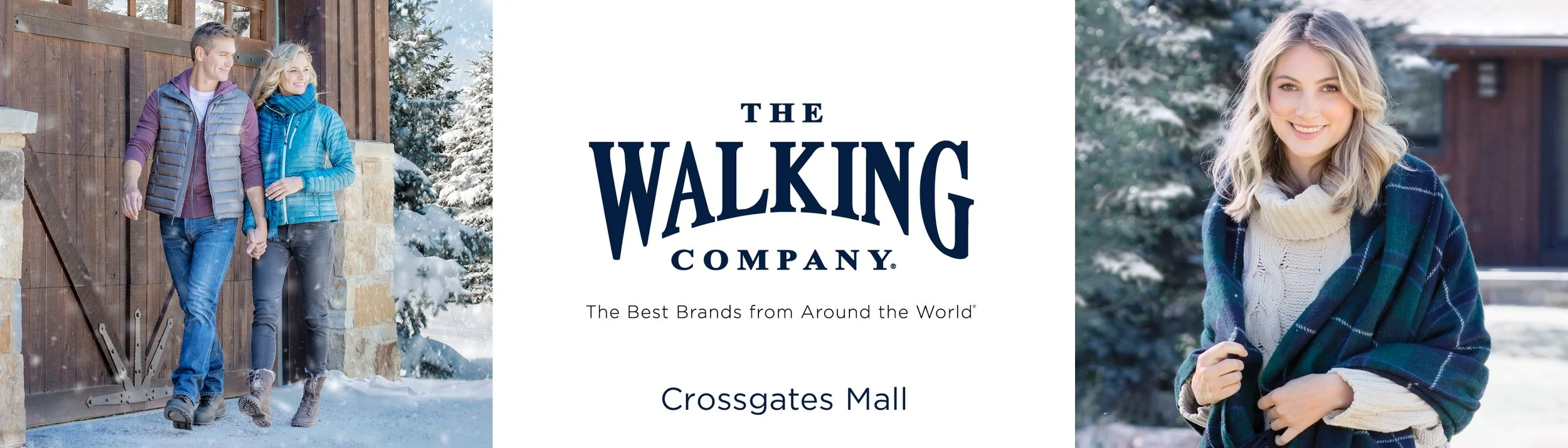 Advertisement for The Walking Company at Crossgates Mall, showing a couple walking outdoors in winter, one woman smiling at the camera, snow-covered trees and building in the background.