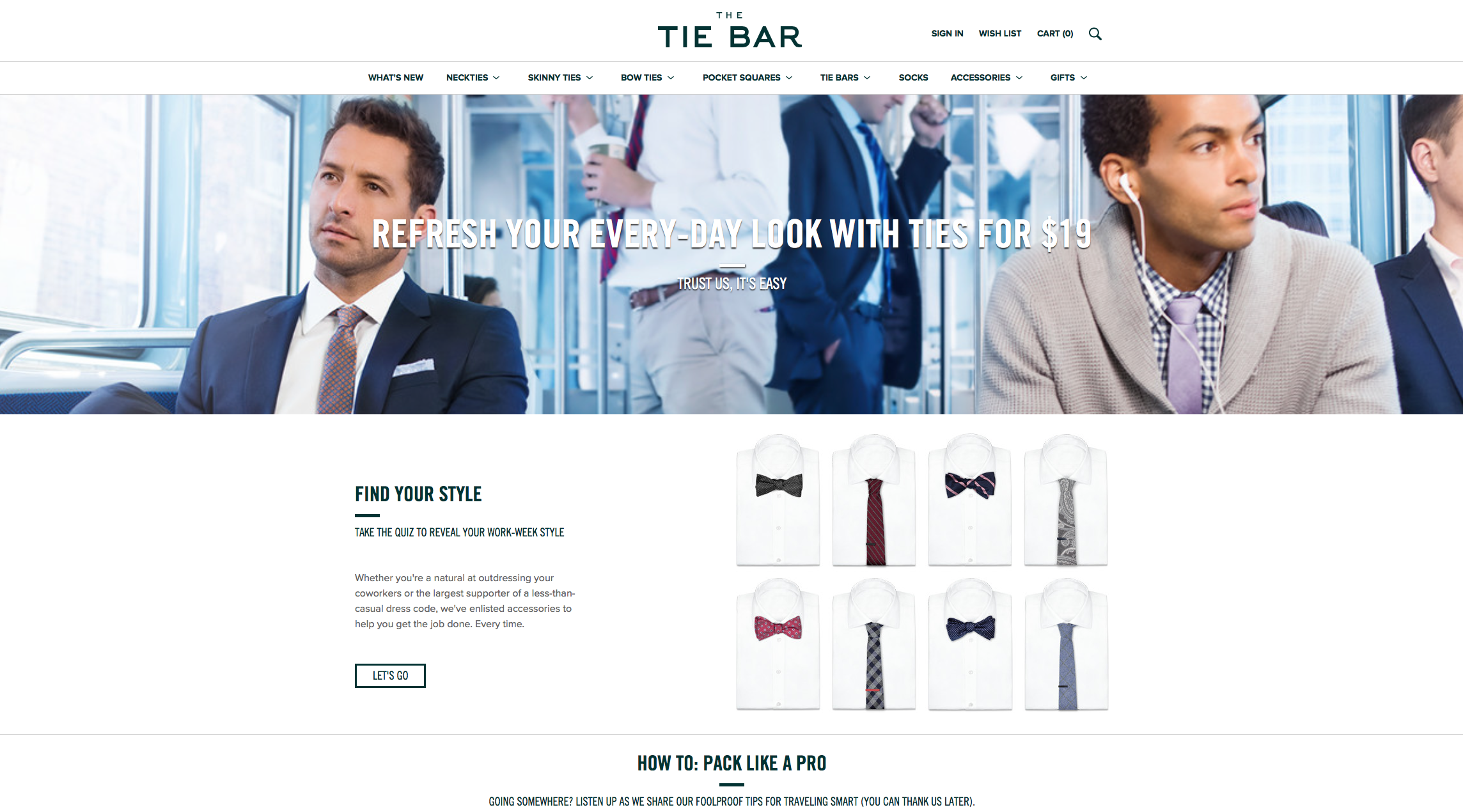 Homepage of The Tie Bar website featuring men in suits and ties and an assortment of bow ties on display.