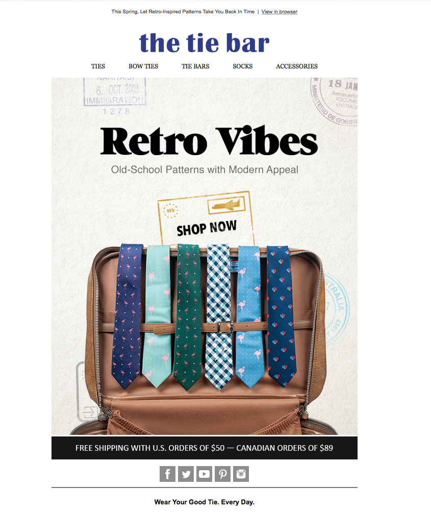 An online store webpage titled "the tie bar" featuring retro-inspired neckties with patterns like flamingos, checks, and polka dots. The display shows six ties in different colors and patterns, hanging from a brown zipper case. The webpage promotes v